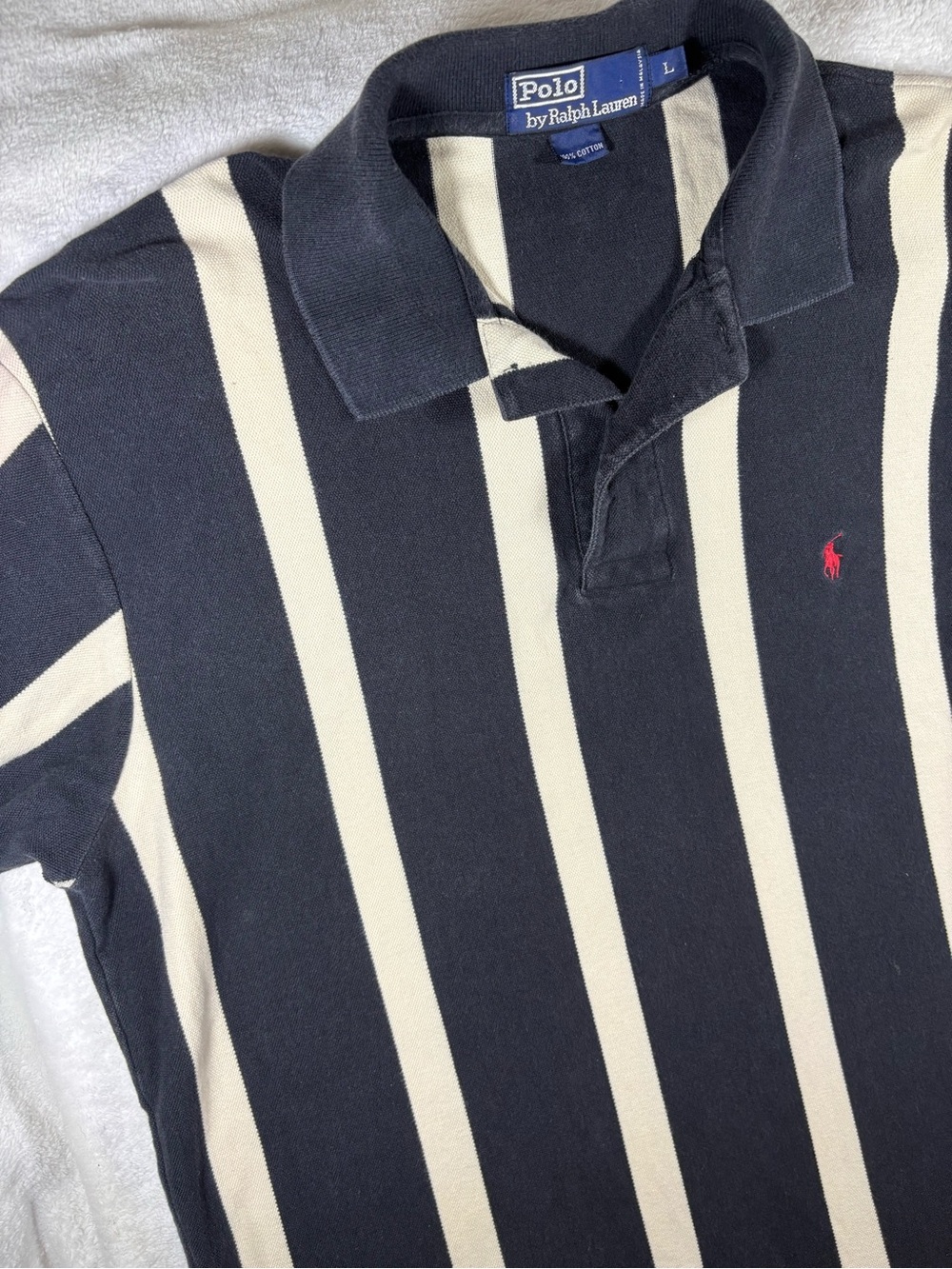 Vintage polo Ralph Lauren Navy and Cream Vertical Stripe Polo size large